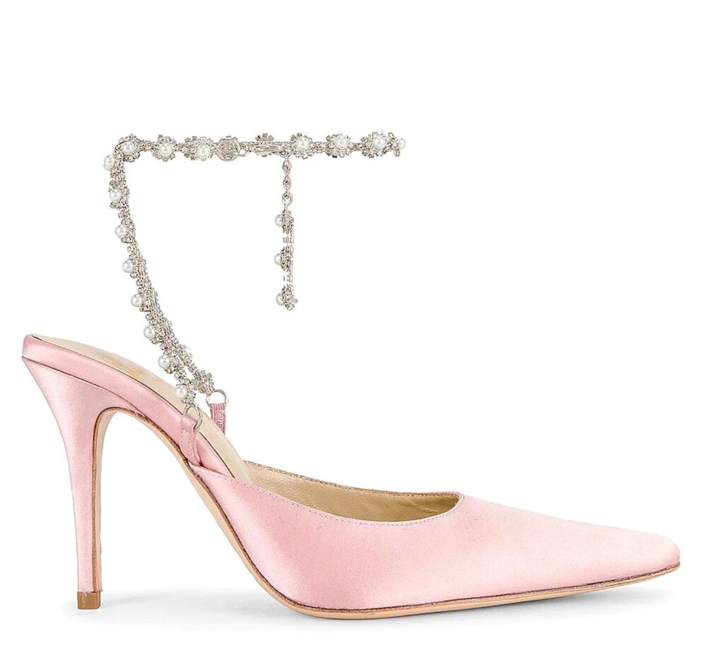 LPA Pink Satin Stiletto Heel SIZE 6.5 Pearl Rhinestone Strap Pump Party $208 NEW